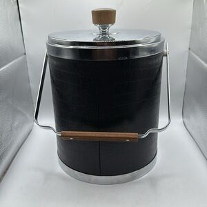 Vintage Kromex Black Faux Crocodile Ice Bucket Bar Accessory Collectible Wood